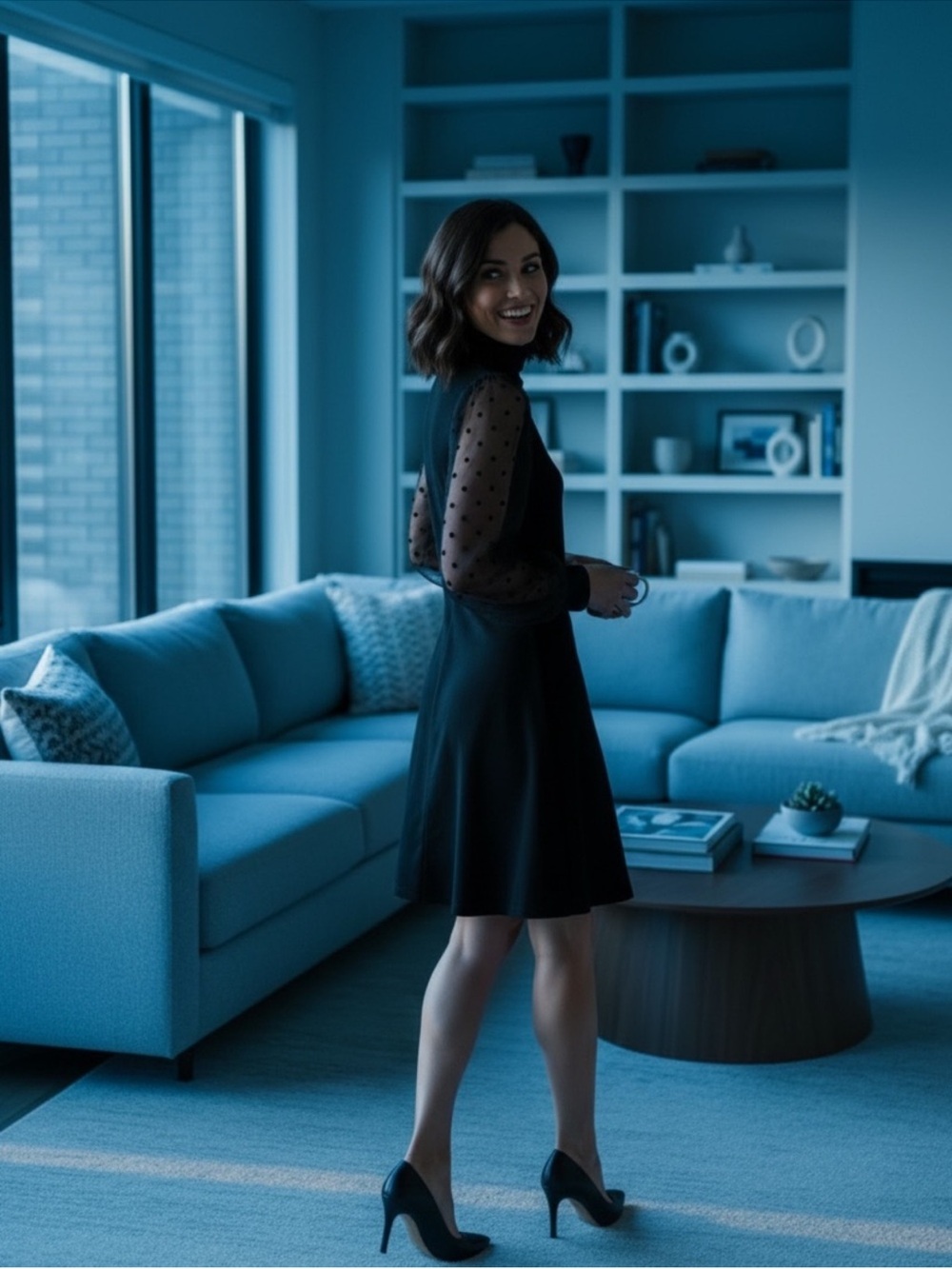 Eliza J Black Turtleneck Dress with Sheer Polka-Dot Sleeves